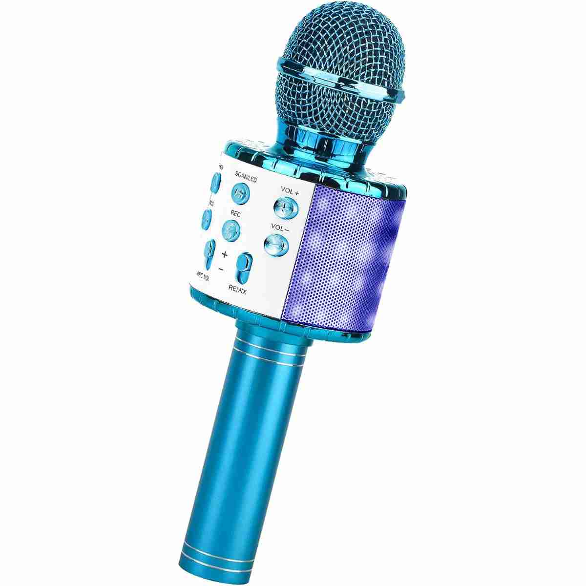 Micrófono Karaoke Bluetooth Klack  -  4 en 1 Microfono Inalámbrico Portátil para Niños -  Musica -  Función de Eco -  Compatible con Android -  PC - Azul