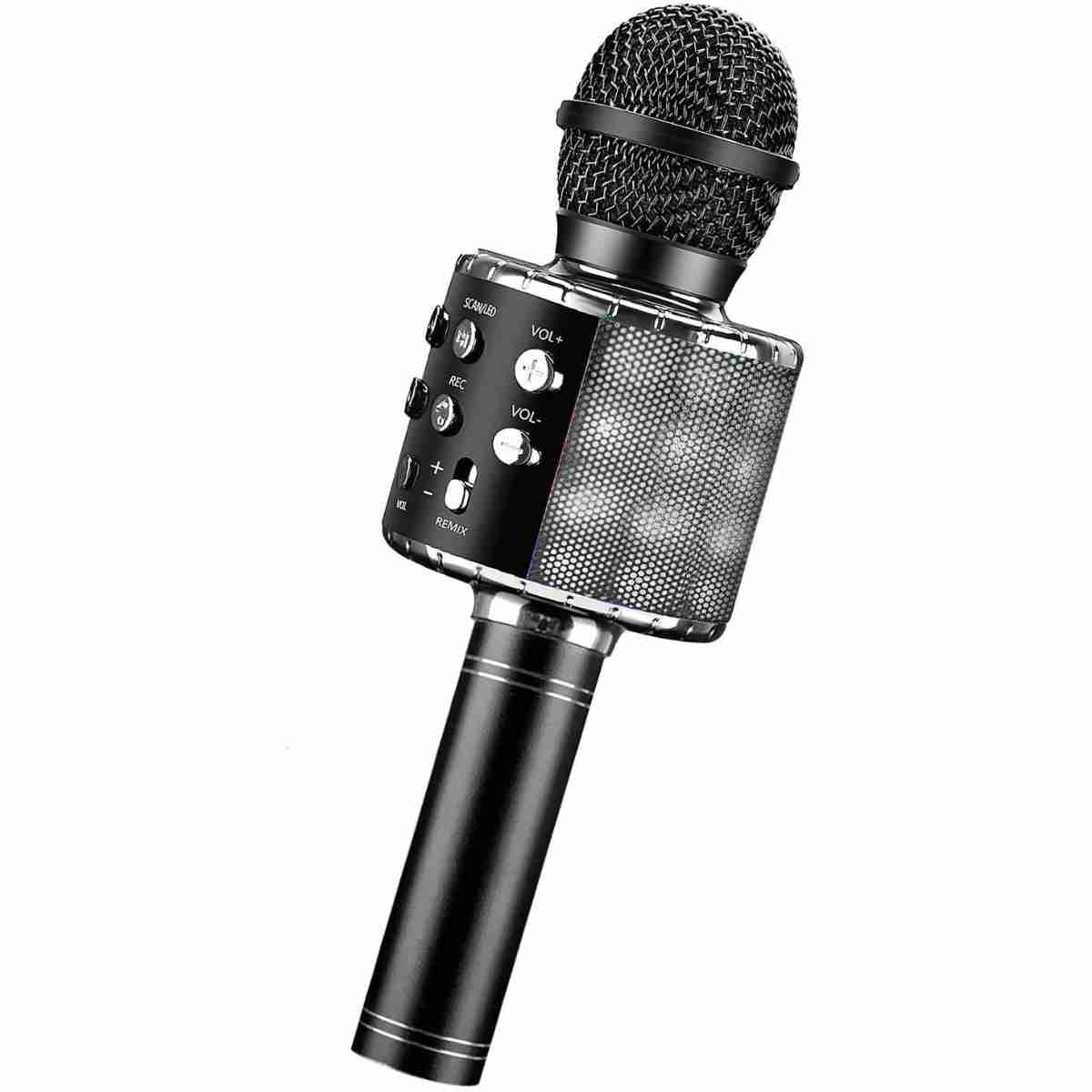 Micrófono Karaoke Bluetooth Klack  -  4 en 1 Microfono Inalámbrico Portátil para Niños -  Musica -  Función de Eco -  Compatible con Android -  PC - Negro