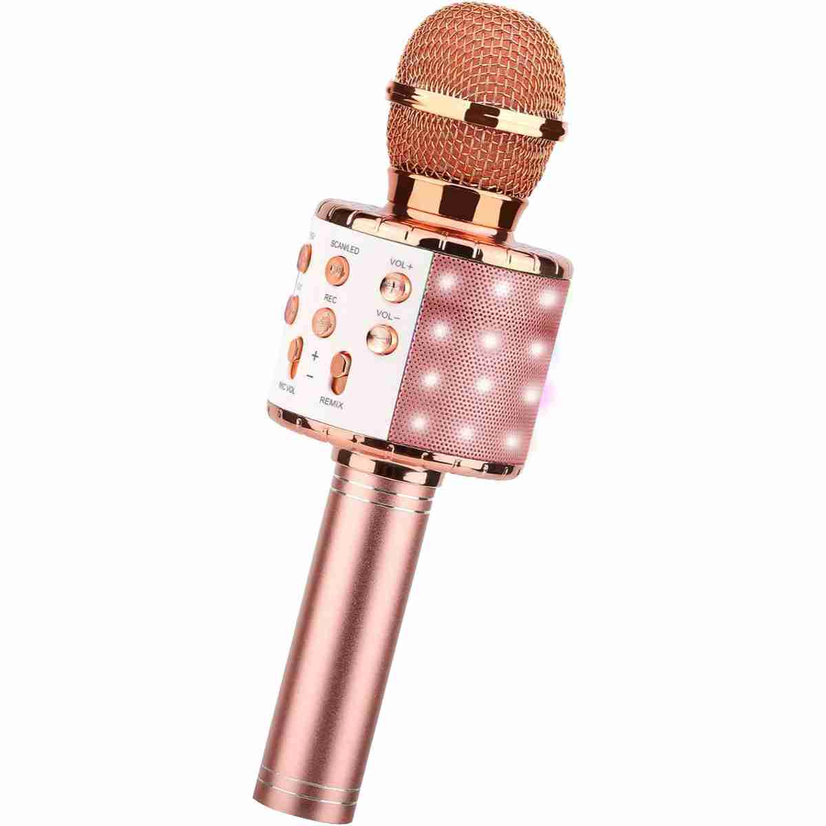 Micrófono Karaoke Bluetooth Klack  -  4 en 1 Microfono Inalámbrico Portátil para Niños -  Musica -  Función de Eco -  Compatible con Android -  PC - Oro Rosa